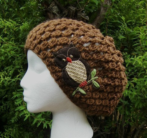 Cocoa Owl Slouchy Hand Crocheted Hat